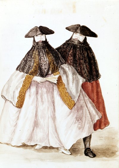 Masks of Carnival of Venice. Watercolour drawing and ink from the manuscript 