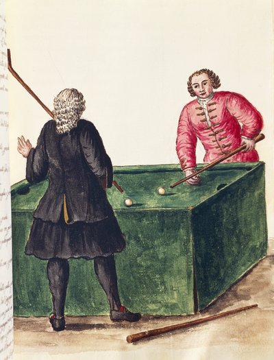 Two Venetian nobleman playing billiards, by Jan Grevenbroeck, engraving, Italy by Jan van Grevenbroeck