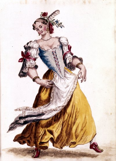 Venetian Dancing. Watercolour Drawing and Ink from the Manuscript 