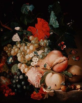 Mixed Flowers and Fruit with Insects on a Marble Plinth by Jan van Huysum
