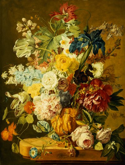 Roses, Peonies, Tulips, Morning Glory, an Iris, Columbine, a Poppy, Jonquils and Other Flowers in a Carved Urn on a Stone Ledge by Jan van Huysum
