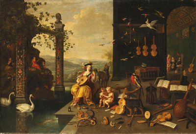 A Personification of Music: A Young Woman Playing a Lute on a Terrace Before an Open Gallery by Jan van Kessel