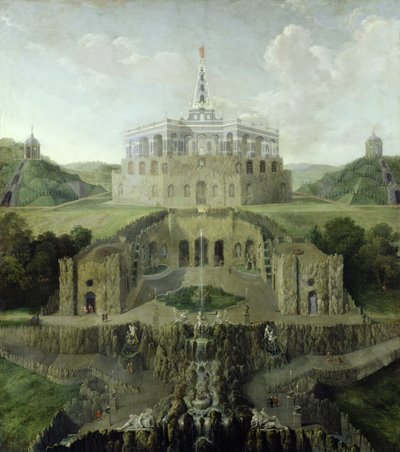 View from the Riesenkopf Waterfalls over the Distorted Water-grotto to the Octagon by Jan van Nickelen