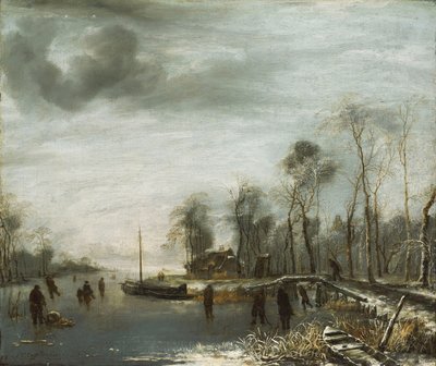 A Winter Landscape with Skaters and Colf Players on a frozen Waterway by Jan van de Capelle or Cappelle