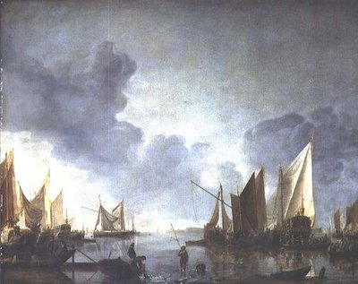 A Calm, with a Dignitary Heralded in a State Barge and Fishermen in the Foreground by Jan van de Capelle or Cappelle
