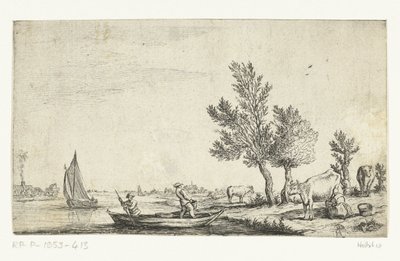 River Landscape with Two Men in a Rowboat by Jan van de Cappelle (attributed to)