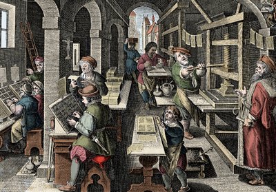 Printing office, c1600 - Holland. Engraving from 