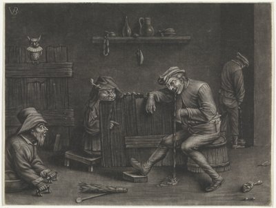 Interior with urinating man, vomiting man, a dwarf, and a beggar by Jan van der Bruggen