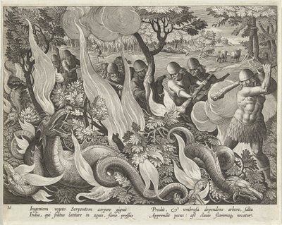 Catching Serpents in India Using Clubs and Torches to Light the Undergrowth, pub. 1640 (engraving) by Jan van der Straet