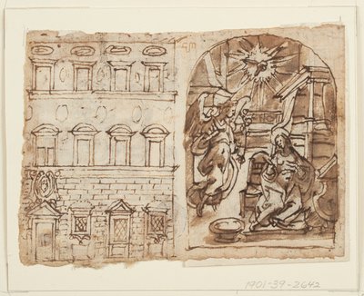 Page of a Sketchbook; Elevation of Palace, Annunciation, Last Supper by Jan van der Straet, called Stradanus