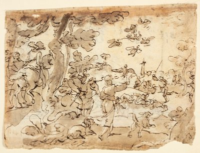 Bird Hunt with Falcons; Lunette Decorated with Animals, Capricorn, and Foliage by Jan van der Straet, called Stradanus