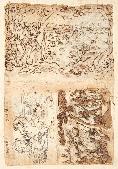 Recto, above: Crane Hunt Using Cones; Below, left: Jacob, Half Figure; Lion with a Blindfold Over His Head; Map of a Fortifications; Below right: Fox Hunt. Verso, above left: Starling Hunt; below left: Lion Hunt with Torches and Nets; right: Half Figures by Jan van der Straet, called Stradanus
