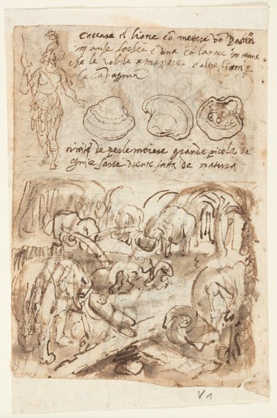 Standing Indian Figure, Oyster Shells; Elephants Helping Each Other Out of a Trap, from Pliny