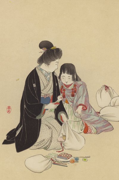 A Mother and her Girl arranging Presents to be sent to the Front by Japanese School
