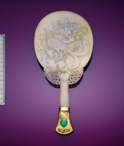 A White Jadeite and Gilt Silver Mirror with a Low Relief of a Phoenix and a Peony by Japanese School