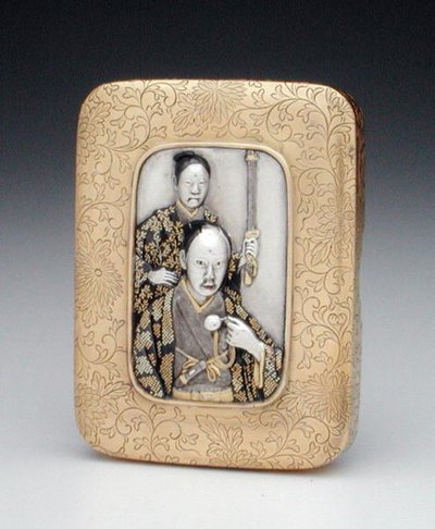Box and cover showing a feudal lord with retainer by Japanese School