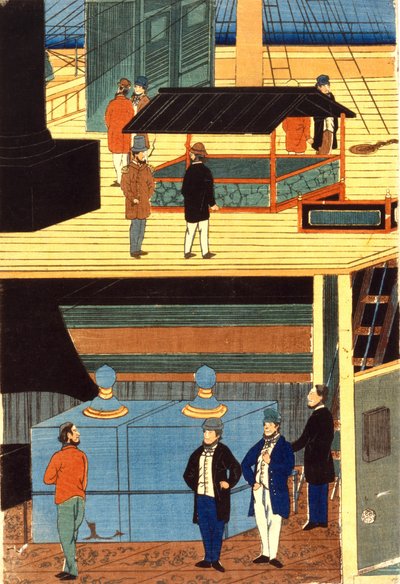 Cross-section of a European ship showing men in European dress on deck, top, and men on the lower deck: Yokahama, Japan by Japanese School