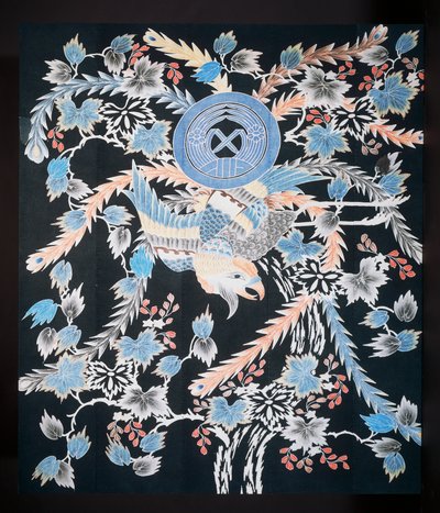 Futonji Bedspread with Motifs of Phoenix, Paulownia and Daffodils, Cotton, Dye with Indigo, Pigment and Ink by Japanese School