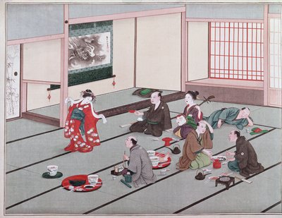 Japanese eating, drinking and being entertained in teahouse by Japanese School