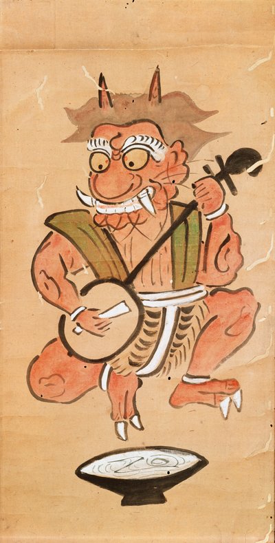 Kakemono depicting a devil playing the shamisen by Japanese School