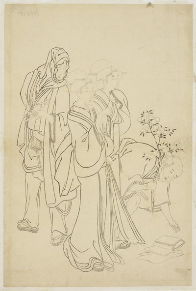 Two Geisha Strolling with Dandy and Apprentice by Japanese School