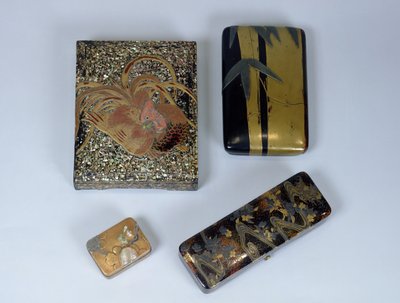 Writing case decorated with a cockerel, writing case with a bamboo design and a kobako attributed to Ogata Korin and a message box by the Kajikawa Family, 16th-18th century by Japanese School