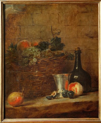 Fruit Basket with Grapes, a Silver Goblet and a Bottle, Peaches by Jean-Baptiste Simeon Chardin