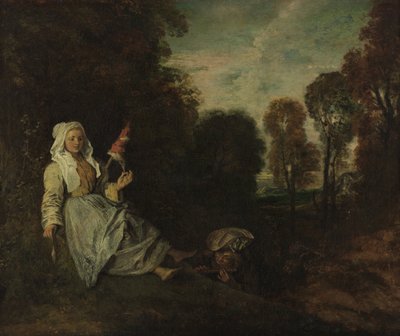 Evening Landscape with Spinner by Jean-Antoine Watteau