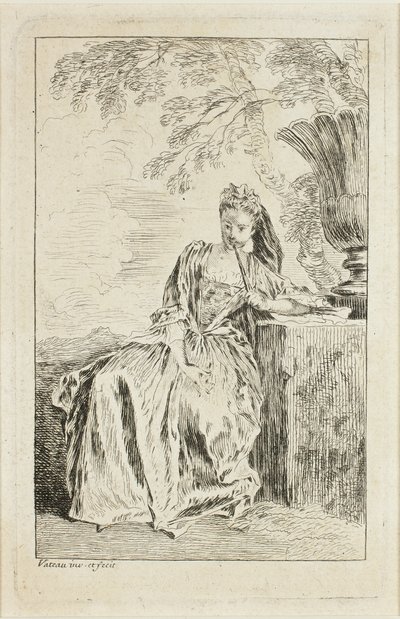 Seated Woman, Leaning on a Pedestal by Jean-Antoine Watteau