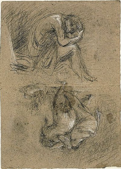 Sketches: Seated Man with Head in Hands and Two Figures Bending Toward Others in Background (recto); Reclining Woman (verso) by Jean Baptiste Carpeaux