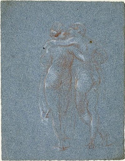 Two Standing Figures, Embracing (recto); Man with Scythe and Sketches of Buildings (verso) by Jean Baptiste Carpeaux