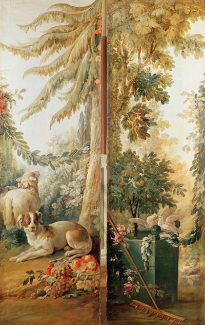 Salon of the Print-Maker Gilles Demarteau, Two Panels: 1. Dog and Sheep 2. Planted Orange Tree with Pecking Doves by Jean Baptiste Huet