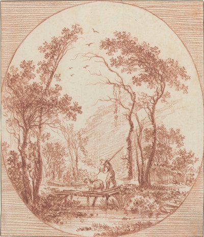 A Farmer and a Sheep Crossing a Rustic Bridge by Jean Baptiste Le Prince