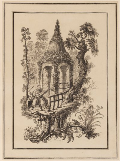 Three Figures in Front of Structure with Trees by Jean Baptiste Pillement