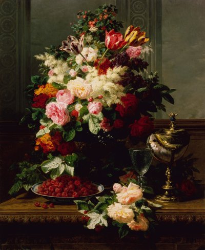 A Still Life of Roses, Tulips and Other Flowers on a German Compote by Jean Baptiste Robie