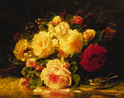 Roses with a Blue Tit by a Stream by Jean Baptiste Robie