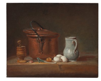 A copper saucepan, a pestle and mortar, a pitcher, a scallion, eggs and an onion on a shelf by Jean Baptiste Simeon Chardin