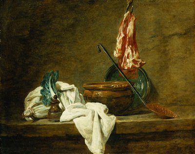 Beets, a Spice Box, a Dishcloth, a Pot, a Glazed Earthenware Plate, a Skimmer, with Meat on a Hook, on a Ledge by Jean Baptiste Simeon Chardin