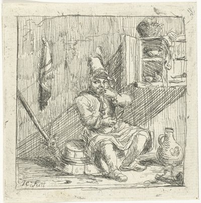 Man Sitting in the Kitchen on an Upside-Down Tub Eating by Jean Covitré