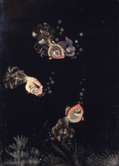 A lacquered panel by Jean Dunand, depicting an underwater scene with red and gold fish blowing air bubbles by Jean Dunand