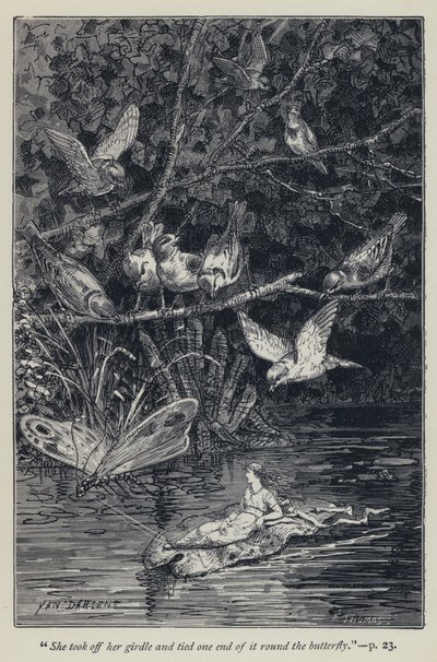 She took off her girdle and tied one end of it round the butterfly (engraving) by Jean Edouard Dargent