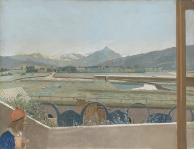 View Toward the Mont Blanc Massif from the Artist’s Studio at Geneva, with a Self-portrait, 1765-70 by Jean Étienne Liotard