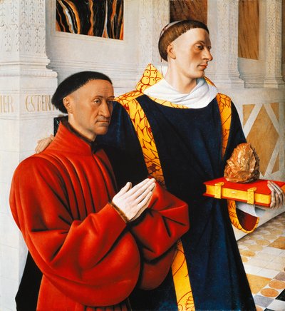 Left hand panel of the Melun Diptych: Etienne Chevalier with his patron saint St Stephen by Jean Fouquet