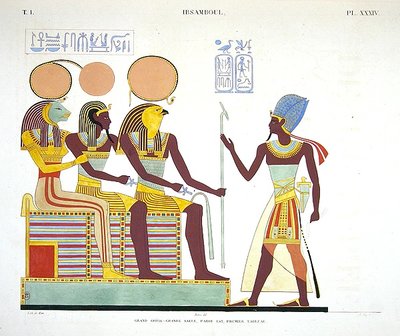 Fresco from Ibsambul depicting Ramesses II facing Sekhmet, possibly a deification of Ramesses II and Re-horakhty by Jean Francois Champollion