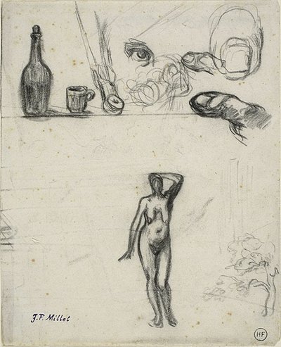 Sheet of Sketches: Standing Female Nude, Tree, Still Life, Fingers and Eye by Jean Francois Millet