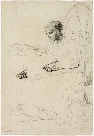 The Wool Carder (recto); Fragmentary Sketch of Man Standing by Fence (verso) by Jean Francois Millet