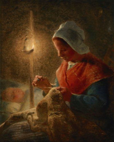 Woman Sewing by Lamplight by Jean-Francois Millet