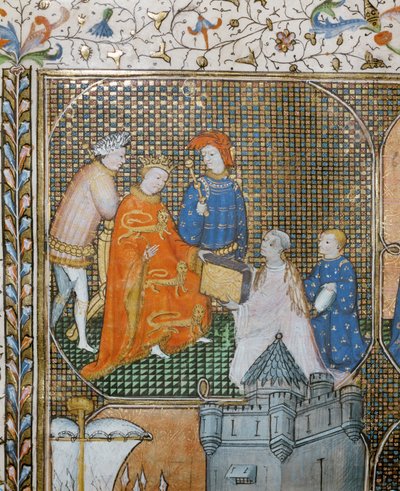 Historian Froissart on his knees, clad in clerical garb, presents his Chronicles of the Hundred Years War to Edward III by Jean Froissart