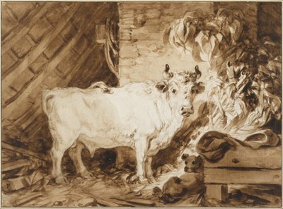 White Bull and a Dog in a Stable by Jean-Honore Fragonard