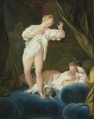 Two Girls on a Bed Playing with Their Dogs by Jean Honore Fragonard